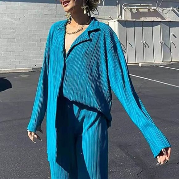 Casual 2 Piece Outfits - Long Sleeve Button Blouse Top Wide Leg Loose Streetwear